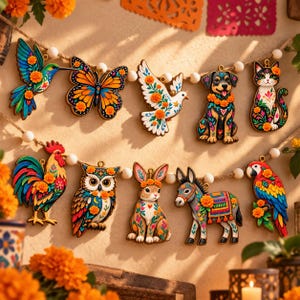 May include: A decorative garland featuring ten wooden animal and insect ornaments, including a hummingbird, butterfly, dove, dog, cat, rooster, owl, rabbit, donkey, and parrot, all adorned with colorful floral patterns and orange marigold accents.