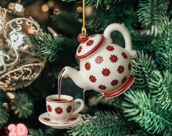 Teapot and Teacup 2D Flat Ornament, Christmas Tea Lover Decor, Unique Kitchen Ornament, Teatime Holiday Gift, Vintage Tea Party Decoration