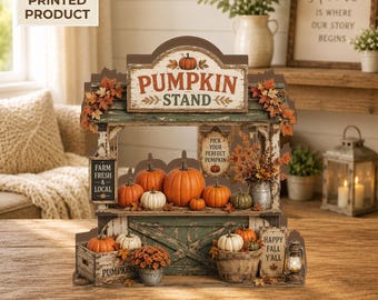 May include: A 2D flat printed decorative pumpkin stand featuring a rustic green wooden design with orange pumpkins, autumn leaves, and signs that read PUMPKIN STAND, FARM FRESH, PICK YOUR PERFECT PUMPKIN, and HAPPY FALL Y'ALL with a small lantern.