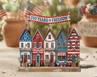250 Years Freedom 2D FLAT Wooden Block Decor, Patriotic Village Display, 4th of July Americana Shelf Decor,Independence Day Mini House Scene