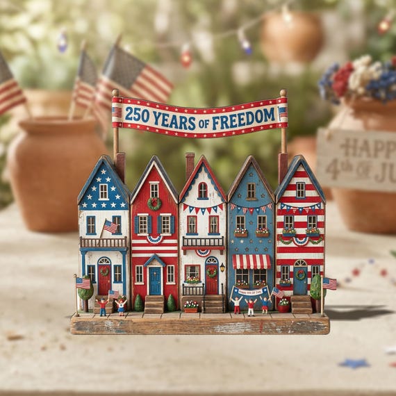 250 Years Freedom 2D FLAT Wooden Block Decor, Patriotic Village Display, 4th of July Americana Shelf Decor,Independence Day Mini House Scene