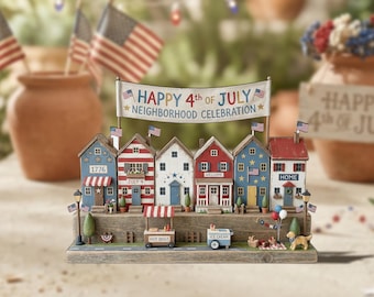 Patriotic 2D FLAT Wooden Block Decor, 4th of July Village Display, Americana Home Decor, Independence Day Shelf Sign, Mini House Scene