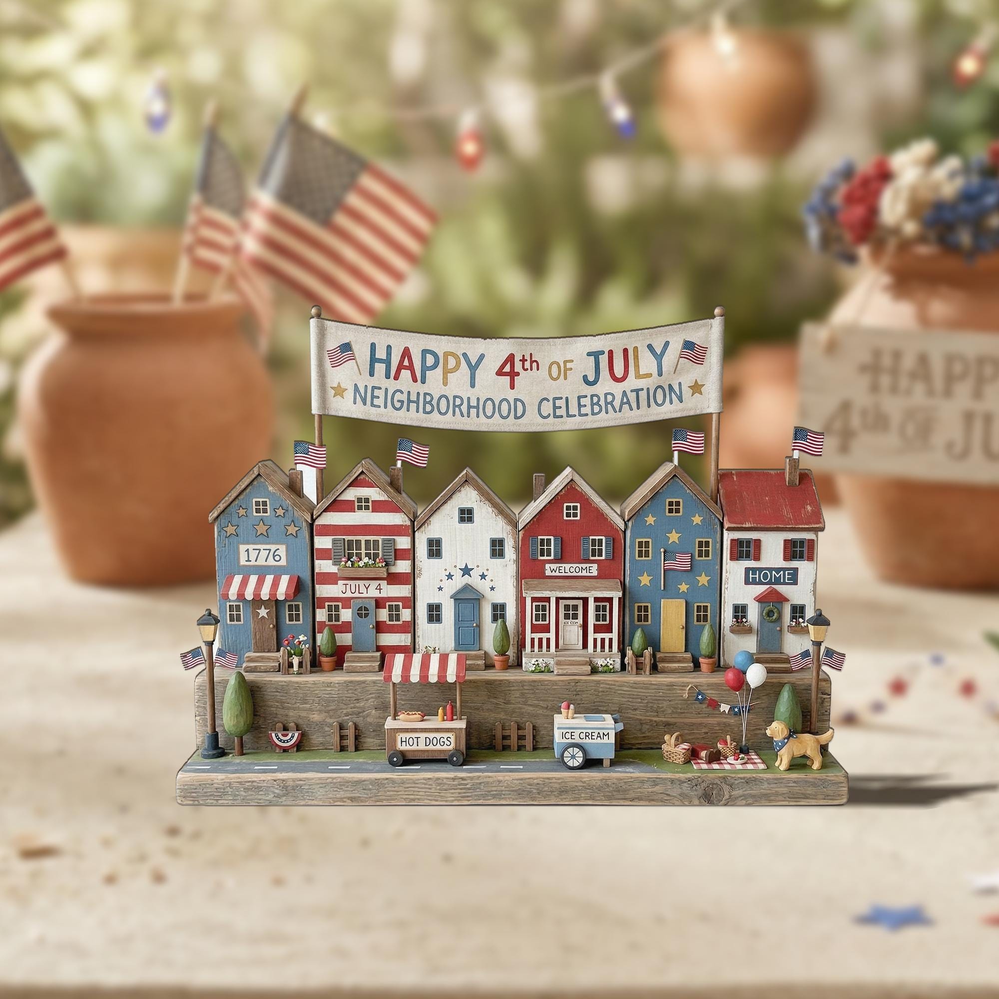 Discover Patriotic 2D FLAT Wooden Block Decor, 4th of July Village Display, Americana Home Decor, Independence Day Shelf Sign, Mini House Scene