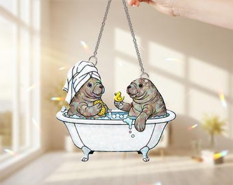 Funny Manatee Couple Bathtub ACRYLIC Hologram Window Hanging, Cute Sea Cow Suncatcher, Whimsical Couple Decor Gift