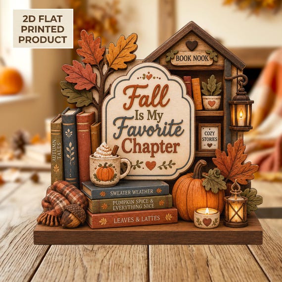 Fall Is My Favorite Chapter 2D FLAT Wooden Block, Autumn Book Nook Shelf Sitter, Cozy Reading Decor, Pumpkin Fall Tabletop Sign