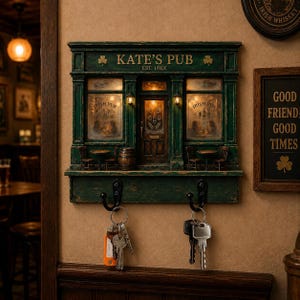 May include: A dark green wall-mounted key holder designed like an Irish pub facade. The sign reads KATE'S PUB EST. 19XX. It features two windows, a central door, miniature tables, chairs, and two black metal hooks holding sets of keys.