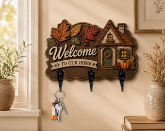 Autumn Cottage Key Holder, Welcome Home Wall Key Rack, Fall Leaf Entryway Decor, Rustic Housewarming Gift, Wooden Key Hooks