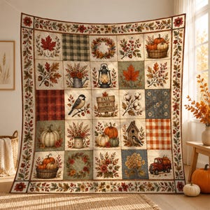 Può includere: Una trapunta patchwork con una griglia di quadrati decorati con illustrazioni a tema autunnale, tra cui zucche, foglie d'acero, un uccellino, una lanterna, una casetta per uccelli e un camioncino rosso. Il quadrato centrale riporta la scritta "FALL IS MY FAVORITE".