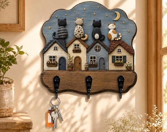 Cat Key Holder, Cats on Rooftops Wall Key Rack, Whimsical Cat Lover Decor, Cottage House Entryway Organizer, Wooden Key Hooks