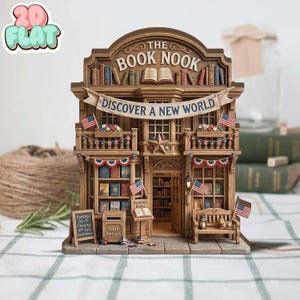 Bokhörna 2D platt träklossdekor, miniskylt för biblioteksbutik, patriotisk amerikansk display, bokhyllepresent med eget namn, skrivbordsdekor för läsare