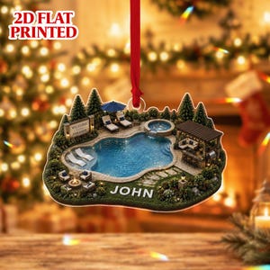 May include: A 2D flat printed hanging ornament featuring a backyard pool scene with a blue swimming pool, a hot tub, lounge chairs, a fire pit, and a pergola. The sign reads Welcome to Paradise and the name John is printed in white letters.