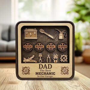 Mechanic Dad Wooden Shadow Box, Custom Kids Name Garage Decor, 3D Mechanic Tool Shelf Display, Fathers Day Gift, Car Lover Dad Keepsake