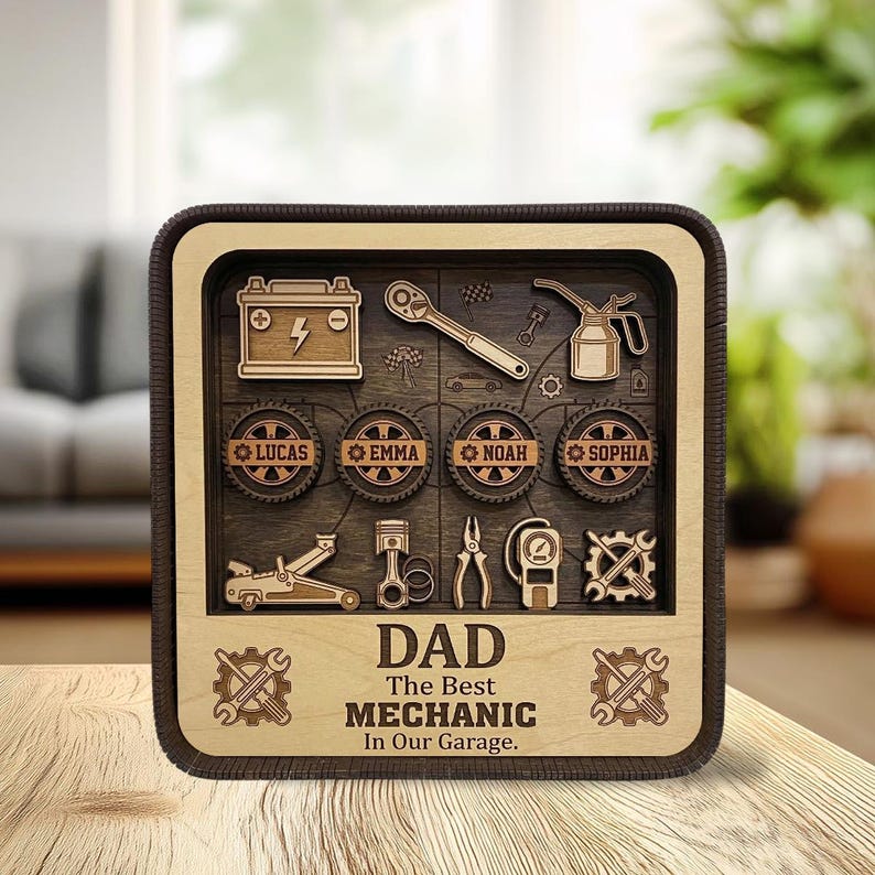 Mechanic Dad Wooden Shadow Box, Custom Kids Name Garage Decor, 3D Mechanic Tool Shelf Display, Fathers Day Gift, Car Lover Dad Keepsake