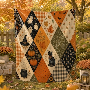 Couverture patchwork d'Halloween, jeté chat noir fantôme citrouille, couverture sorcière style cottagecore, couverture automnale effrayante, cadeau d'automne douillet