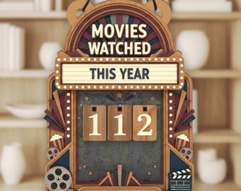 Letrero personalizado vintage para llevar la cuenta regresiva de películas vistas este año, decoración, tablero de madera para la cuenta regresiva del cine, regalo para cinéfilos.