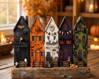 Halloween Wooden Village 2D FLAT Block Decor, Spooky Haunted House Shelf Sitter, Gothic Fall Mantel Decoration, Halloween Gift