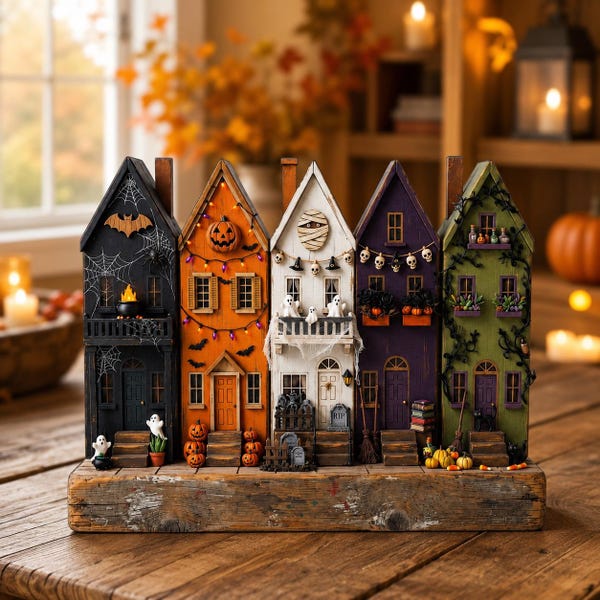Halloween Wooden Village 2D FLAT Block Decor, Spooky Haunted House Shelf Sitter, Gothic Fall Mantel Decoration, Halloween Gift