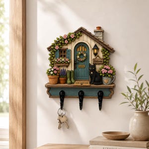 Puede incluir: Un soporte de pared para llaves con forma de fachada de cabaña, con puerta color verde azulado, un gato negro, flores en macetas y botas verdes. La estructura incluye un tejado, una ventana con contraventanas, un letrero y tres ganchos metálicos.