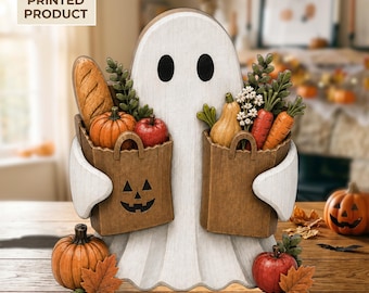 Halloween Ghost 2D FLAT Wooden Block, Fall Grocery Ghost Decor, Pumpkin Shelf Sitter, Cute Autumn Ghost Sign, Halloween Home Decor