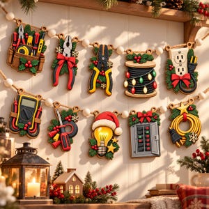 Op de afbeelding: Een decoratieve slinger met houten uitsparingen van elektrisch gereedschap en kerstelementen, waaronder tangen, een multimeter, een gloeilamp met een kerstmuts, een meterkast en stroomkabels, verbonden met witte houten kralen.