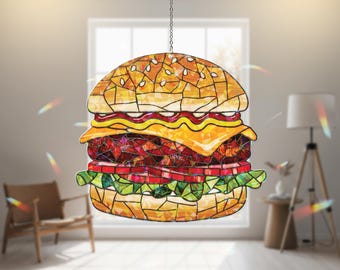 ステンドグラスのバーガーサンキャッチャー：手作りのグルメダイナーの
