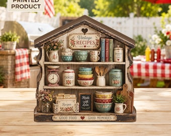 May include: A 2D flat printed wooden shelf display shaped like a house, featuring shelves filled with miniature kitchen items, floral patterns, and text including "Vintage Recipes," "Cookies," "Flour," "Made with Love," and "Good Food Good Memories."