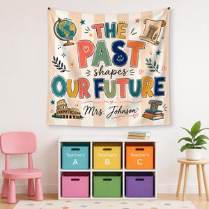May include: A wall tapestry with beige vertical stripes featuring the text THE PAST shapes OUR FUTURE and Mrs. Johnson. Illustrations include a globe, a scroll, the Colosseum, and a stack of books with a column, all in colorful, playful lettering.