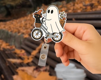 Ghost Cat Bicycle Badge Reel, Cute Halloween ID Holder, Spooky Retractable Clip, Nurse Badge Reel, Fall Medical Worker Gift, Spooky Season
