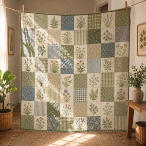 May include: A square patchwork quilt featuring a grid of alternating fabric squares. The design includes various botanical illustrations of wildflowers, ferns, and herbs, interspersed with blue, green, and cream plaid, striped, and floral patterns.