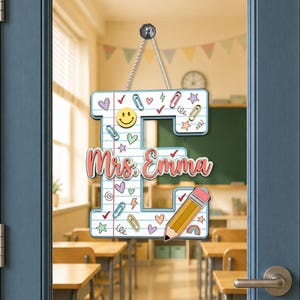 Personalized Initial Teacher Sign, Custom Letter Classroom Door Hanger, Back to School Name Sign, 3D Wooden Teacher Decor