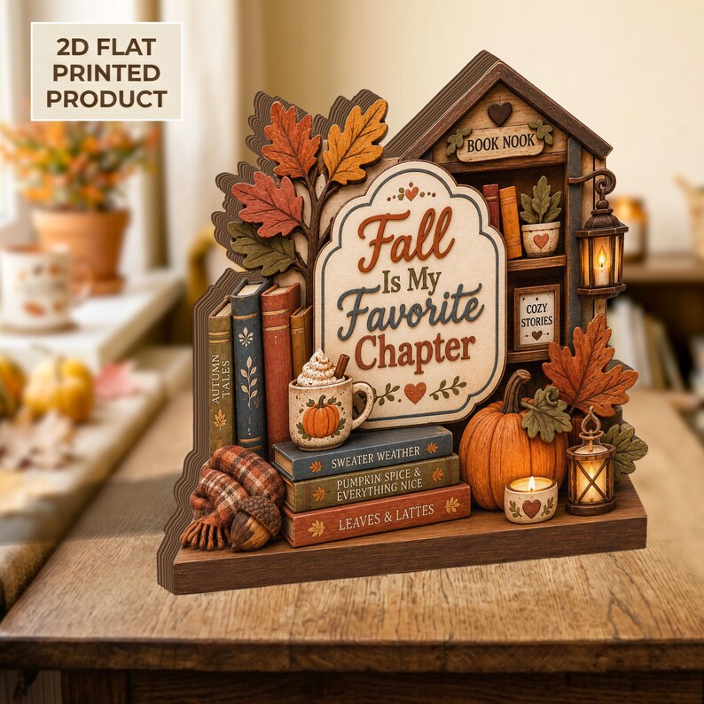 Fall Is My Favorite Chapter 2D FLAT Wooden Block, Autumn Book Nook Shelf Sitter, Cozy Reading Decor, Pumpkin Fall Tabletop Sign