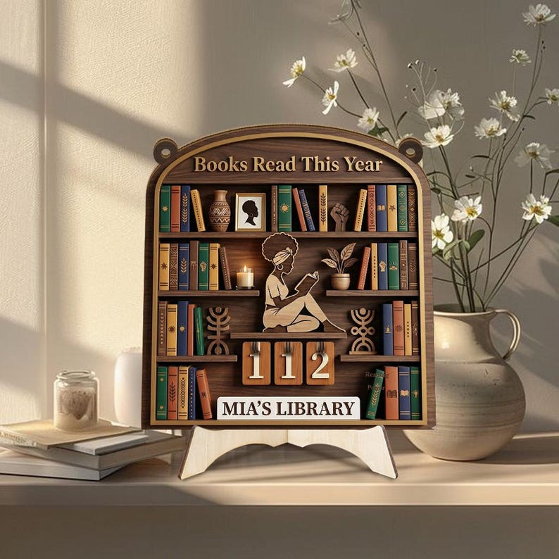 Books Read This Year Tracker Sign, Black Woman Reading Decor, Personalized Library Bookshelf Sign, African Reader Gift Wall Art