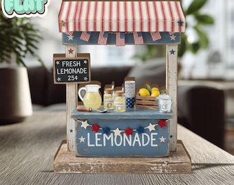 Patriotic Lemonade Stand 2D FLAT Wooden Block Decor, 4th of July Shelf Display, Americana Summer Farmhouse Decor, Rustic Mini Stand Sign