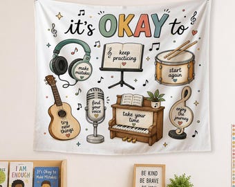 Music Classroom Tapestry, It's Okay to Learn Music Banner, Music Teacher Wall Decor, Band Choir Classroom Poster Gift
