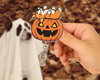 Porta credencial de calabaza Corgi, bonito porta credencial de enfermera de Halloween, clip retráctil para amantes de los perros, regalo de Jack-O-Lantern espeluznante, regalo de enfermera