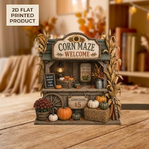 Könnte beinhalten: Ein flaches 2D-Druck-Dekoschild, das einen Maislabyrinth-Willkommensstand mit Kürbissen, Maiskolben, einer Laterne und Schildern mit der Aufschrift Corn Maze Welcome, Hay Rides Pumpkins Cider & More, Get Lost In The Fun und Admission $5 zeigt.
