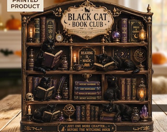 Black Cat Book Club 2D FLAT Wooden Block, Halloween Bookshelf Decor, Witchy Cat Shelf Sitter, Gothic Library Decor, Fall Halloween Gift