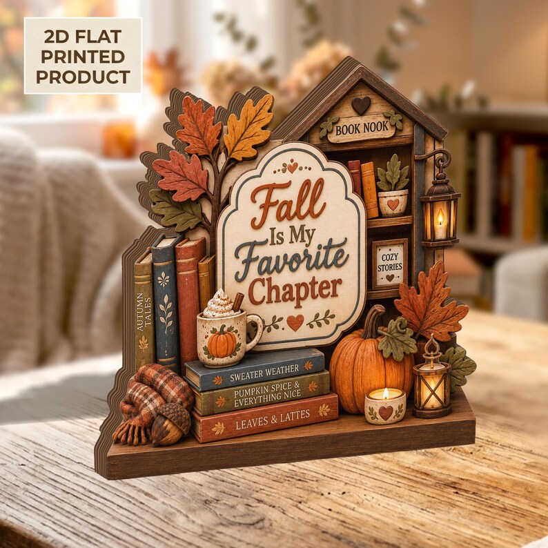 Fall Is My Favorite Chapter 2D FLAT Wooden Block, Autumn Book Nook Shelf Sitter, Cozy Reading Decor, Pumpkin Fall Tabletop Sign