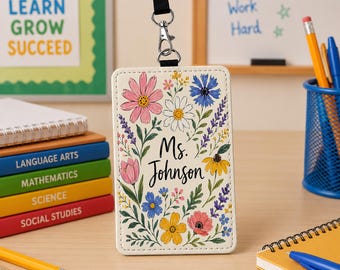 Personalisierter Ausweishalter mit Blumenmuster für Lehrer, individueller Ausweishalter mit Wildblumenmotiv, Ausweishülle aus PU-Leder, Geschenk zur Wertschätzung von Lehrern