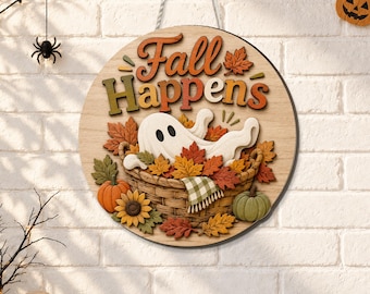 Fall Ghost Wooden Sign, Fall Happens Door Hanger, Autumn Ghost Decor, Pumpkin Sunflower Sign, Cute Halloween Door Decor
