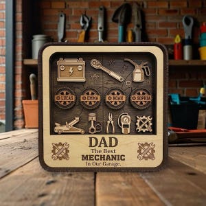 Mechanic Dad Wooden Shadow Box, Custom Kids Name Garage Decor, 3D Mechanic Tool Shelf Display, Fathers Day Gift, Car Lover Dad Keepsake