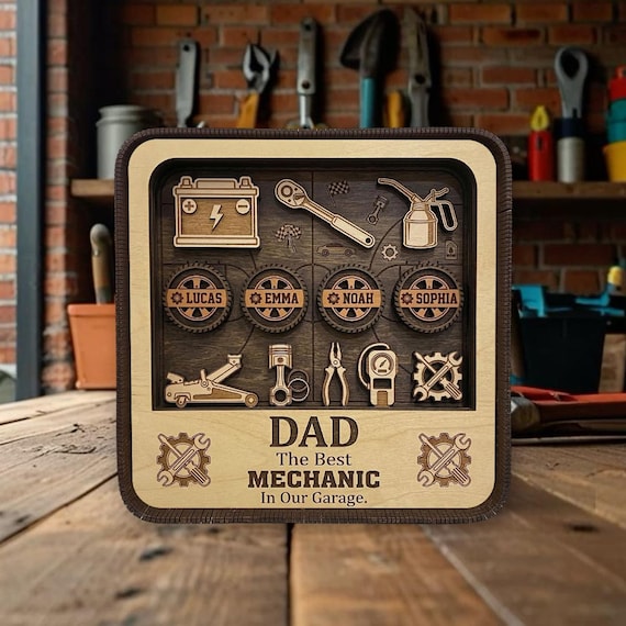 Mechanic Dad Wooden Shadow Box, Custom Kids Name Garage Decor, 3D Mechanic Tool Shelf Display, Fathers Day Gift, Car Lover Dad Keepsake