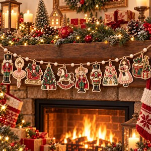 Guirlande de Noël Casse-Noisette en bois, Décoration de Noël sur le thème du ballet, Bannière de Noël en bois, Guirlande d'ornements Casse-Noisette, Décoration de cheminée