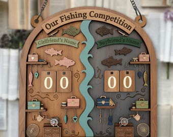 Rastreador de competición de pesca personalizado, marcador de pesca para parejas, letrero de madera para contar peces, decoración rústica de cabaña en el lago.