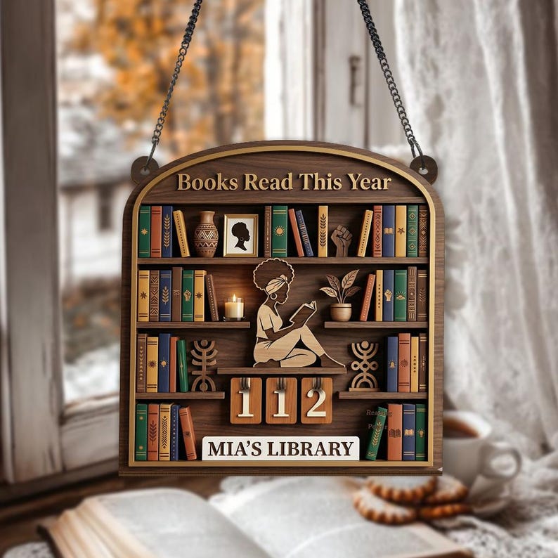 Books Read This Year Tracker Sign, Black Woman Reading Decor, Personalized Library Bookshelf Sign, African Reader Gift Wall Art