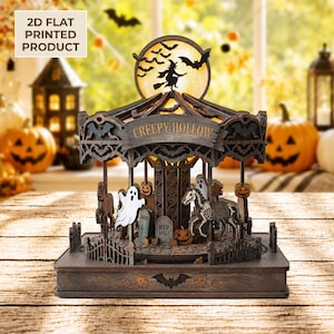 Creepy Hollow Halloween Blocco di legno piatto 2D, decorazione per giostra infestata, insegna con fantasma e cavallo scheletro, decorazione spettrale per tavolo