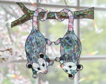 Funny Couple Possum Acrylic Hologram Window Hanging, Cute Opossum Love Decor, Upside Down Animal Sun Catcher Gift