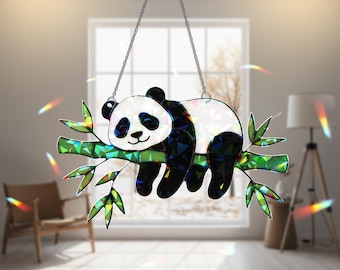 Panda Acrylic Suncatcher Window Hanging, Hologram Panda on Bamboo, Cute Animal Rainbow Sun Catcher Decor