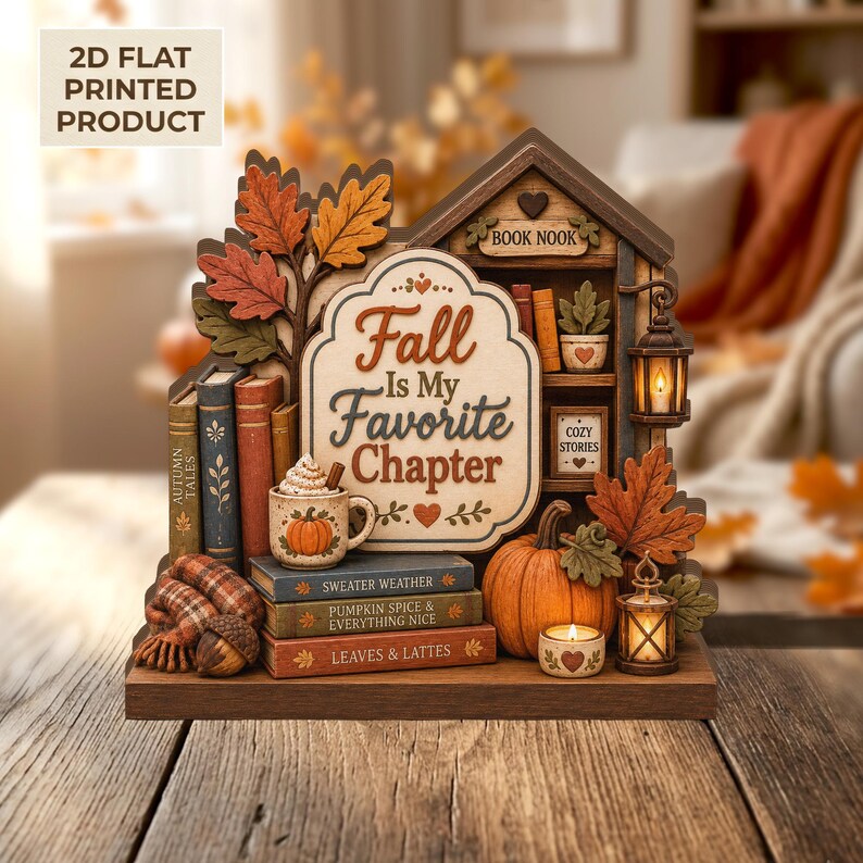 Fall Is My Favorite Chapter 2D FLAT Wooden Block, Autumn Book Nook Shelf Sitter, Cozy Reading Decor, Pumpkin Fall Tabletop Sign