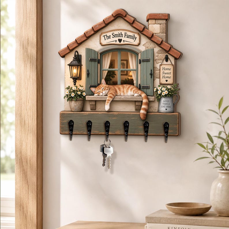 Personalized Orange Cat Key Holder, Custom Family House Key Rack ...